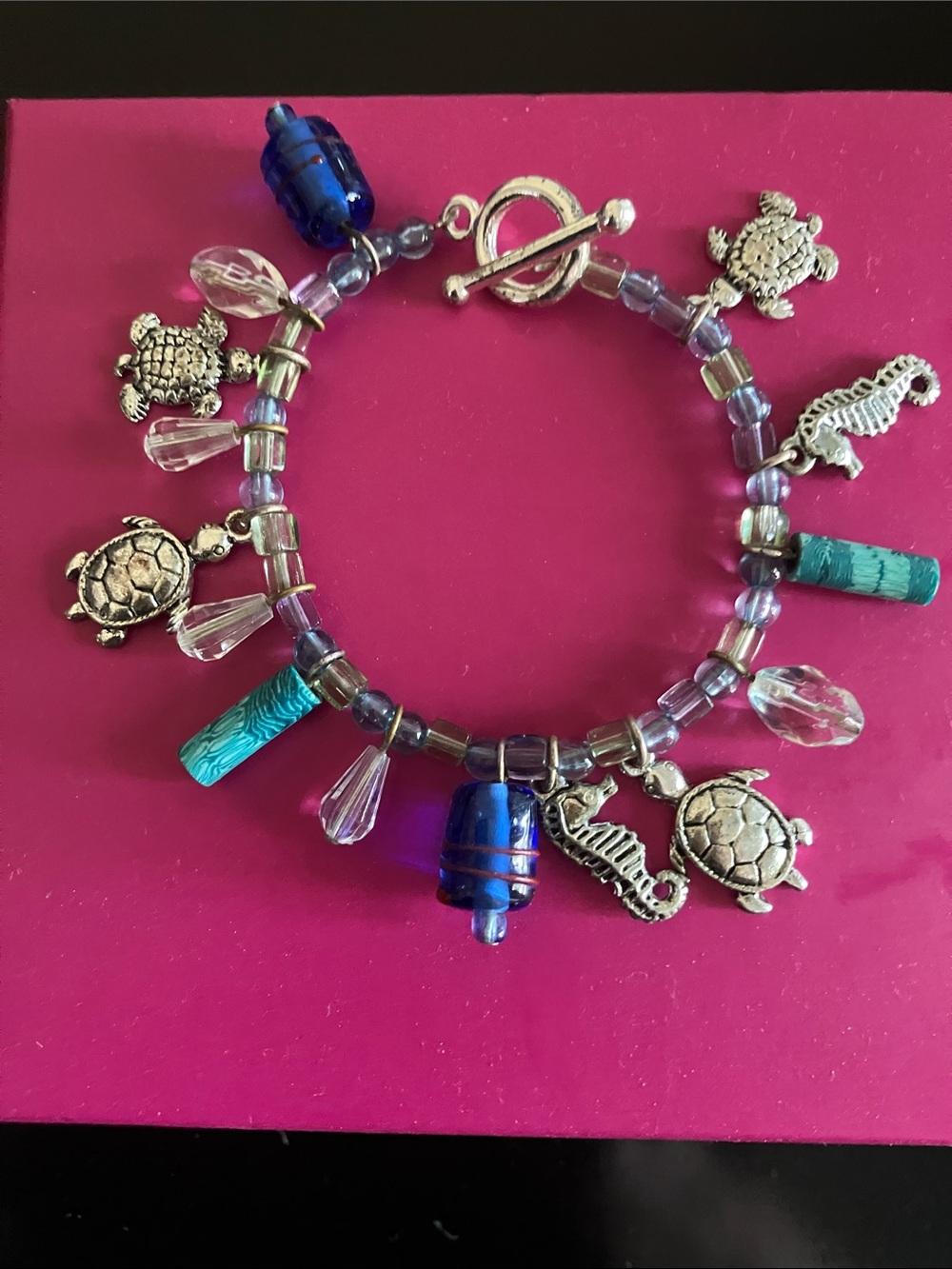 Sea Life Charm Bracelet - Silver Turtles & Seahorses with Blue & Turquoise Beads
